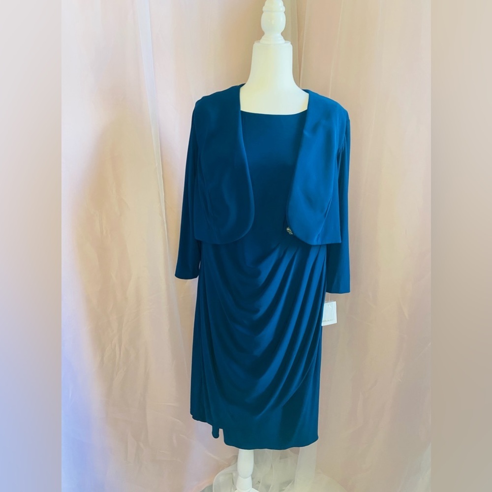 NWT Alex Evenings Blue Jay 2-Piece Canary Stoned Dress & 3/4 Sleeve Jacket BB97